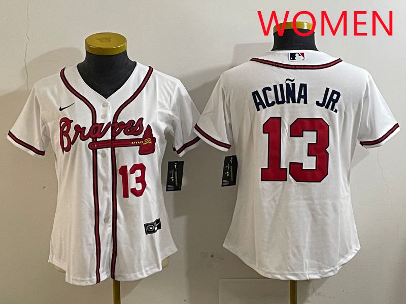Women Atlanta Braves #13 Acuna jr White Game 2025 Nike MLB Jersey style 1->women mlb jersey->Women Jersey